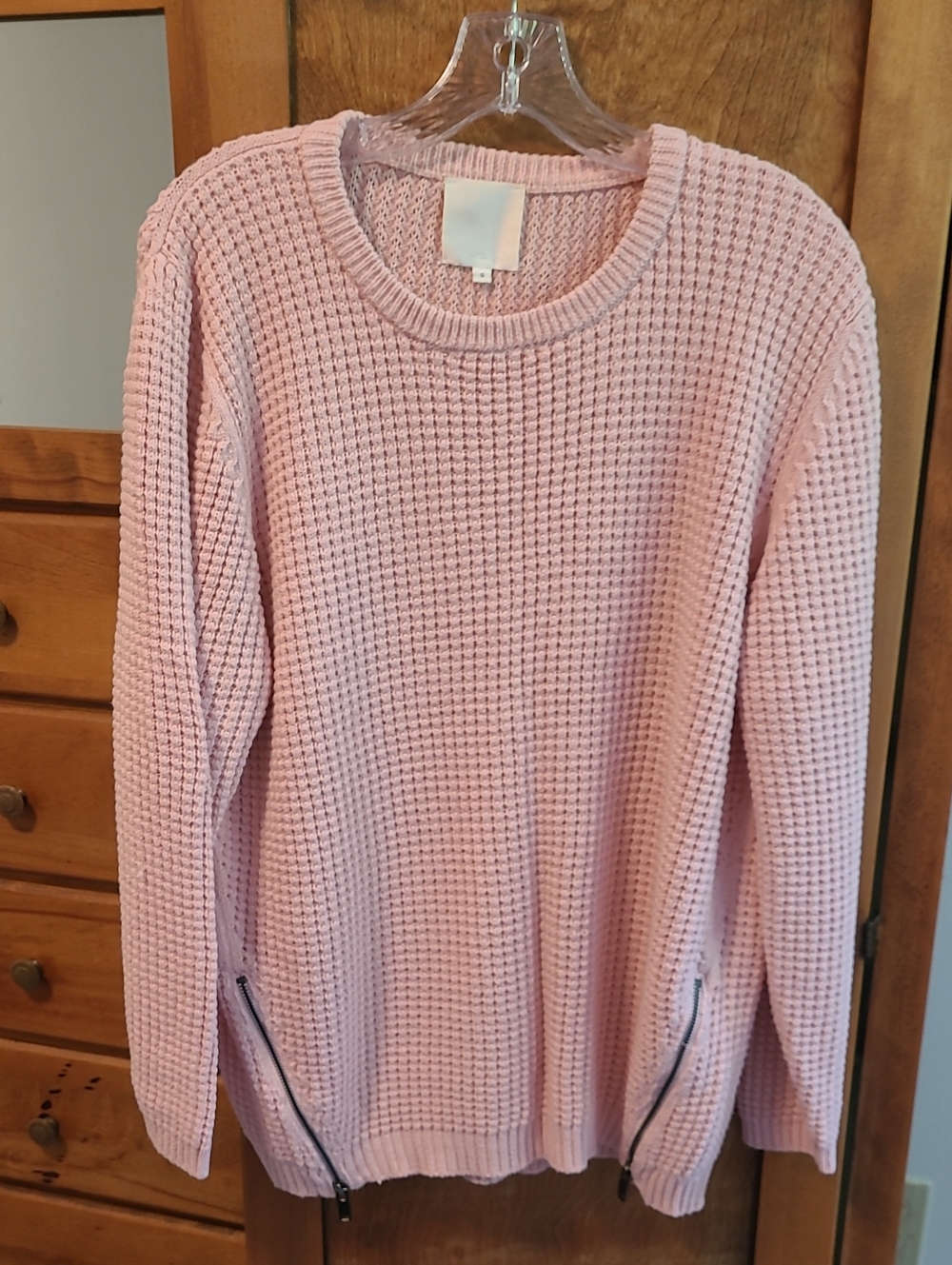 Waffle Knit Crewneck Sweater with Side Zippers — Light Pink